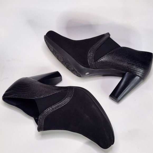 Nuture Boots Womens Size 8.5  Black Leather Suede Sexy Chunky Heel Ankle Booties - Picture 5 of 12